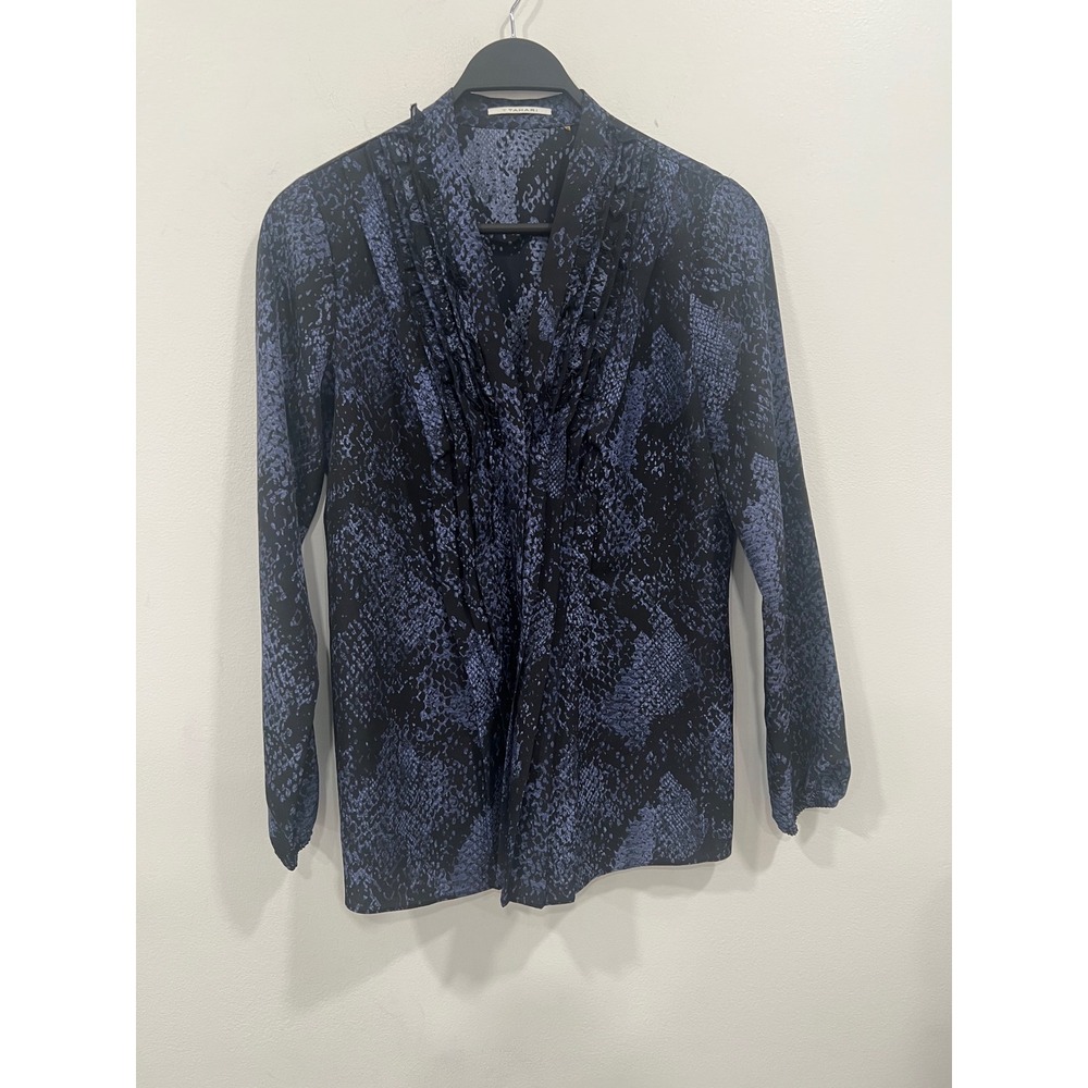 T Tahari Blouse Womens Small Blue Snakeskin Excellent Ruffle V-Neck Long Sleeve